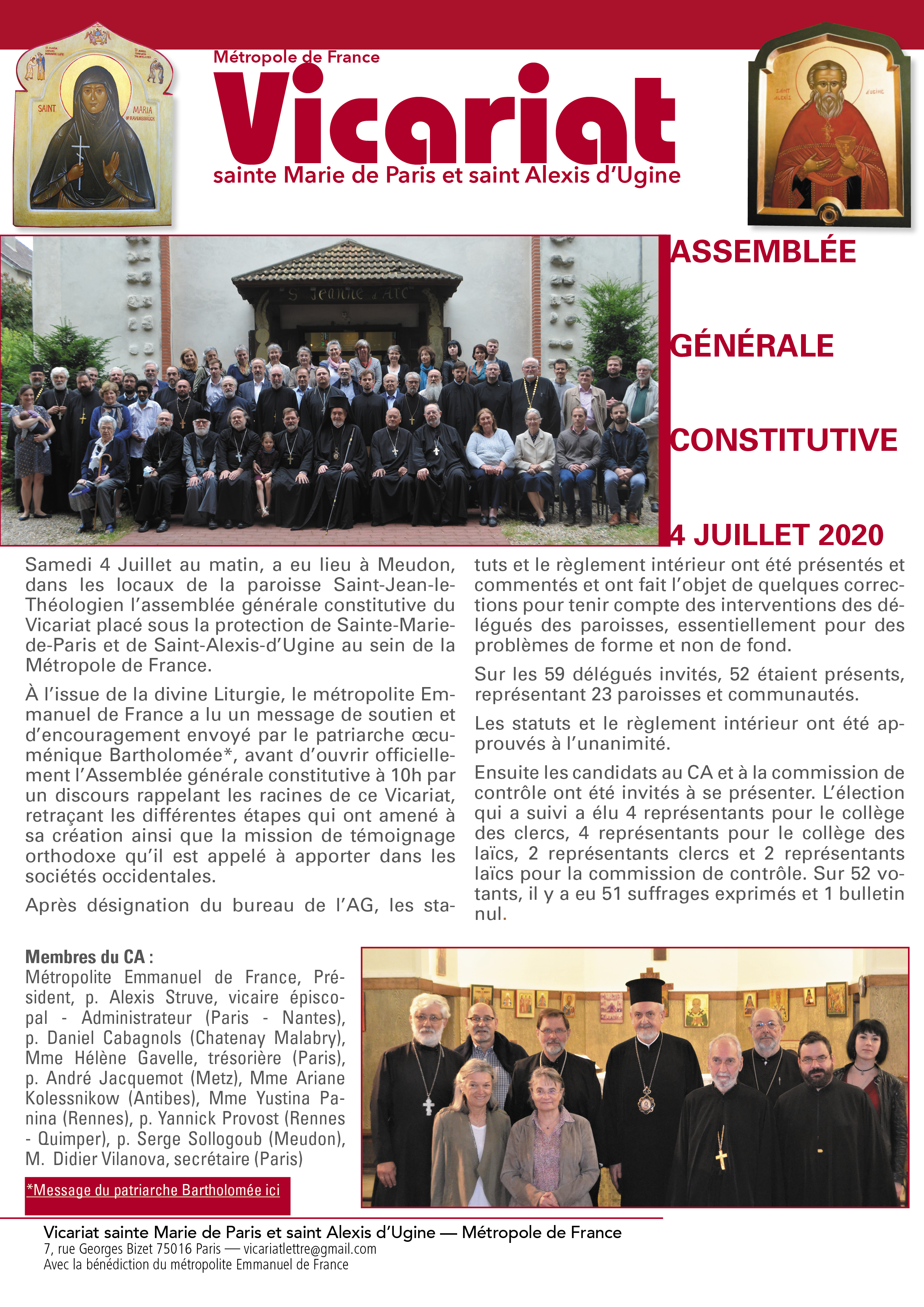 Communiqué du vicariat communiqué de l'assemblée générale constitutive du vicariat